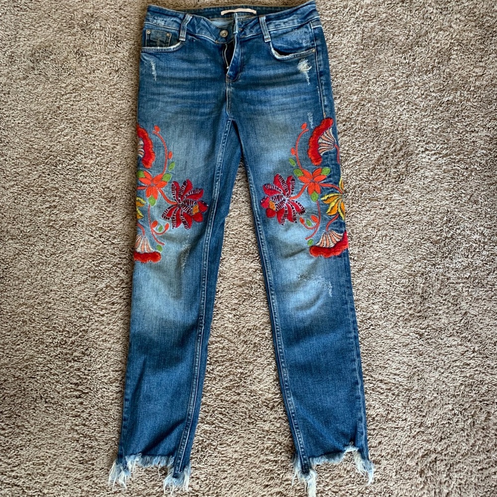 Zara floral print straight leg jeans